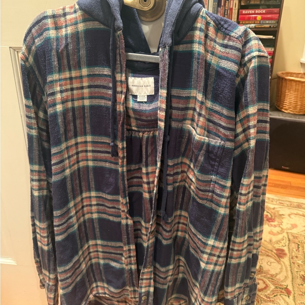 American Eagle Navy Plaid Hooded Shirt Jacket